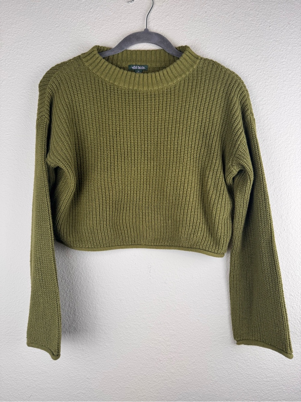 Wild Fable XS Olive Green Cropped Ribbed Knit Sweater Y2K Long Sleeve Pullover - Picture 2 of 8